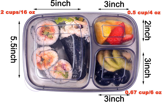 Youngever 7 Pack Bento Lunch Box, Meal Prep Containers, Reusable 3 Compartment Plastic Divided Food Storage Container Boxes