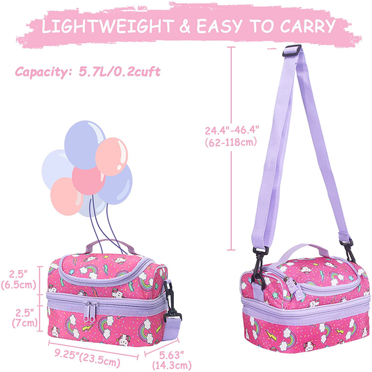 Lunch Bag Box for Girls, Kasqo Insulated Cooler Bag Kids Lunch Tote with Dual Compartments, Pink Kitty