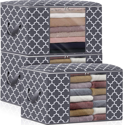 WISELIFE Storage Bags 100L [6 Pack] Large Blanket Clothes Organization and Storage Containers for Bedding, Comforters, Foldable Organizer with Reinforced Handle, Clear Window, Sturdy Zippers, Grey