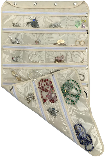 BB Brotrade Hanging Jewelry Organizer with Oxford Dual Side 56 Zippered Storage Pocket(Beige)