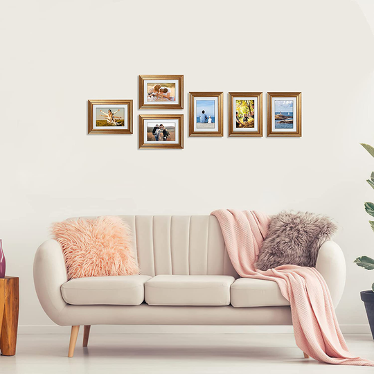 MEBRUDY 4x6 Picture Frames Set of 6, Display Pictures 4x6 with Mat or 5x7 Without Mat, Gold Photo Frames for Wall Mount or Table Top
