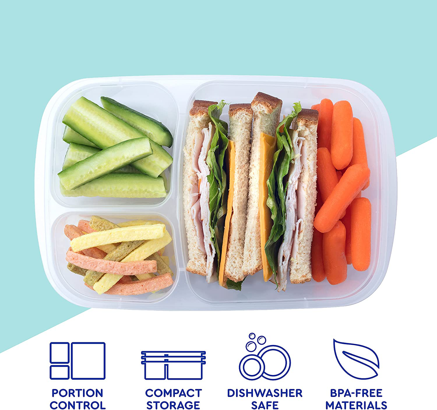 EasyLunchboxes - Bento Lunch Boxes - Reusable 3-Compartment Food Containers for School, Work, and Travel, Set of 4, Classic