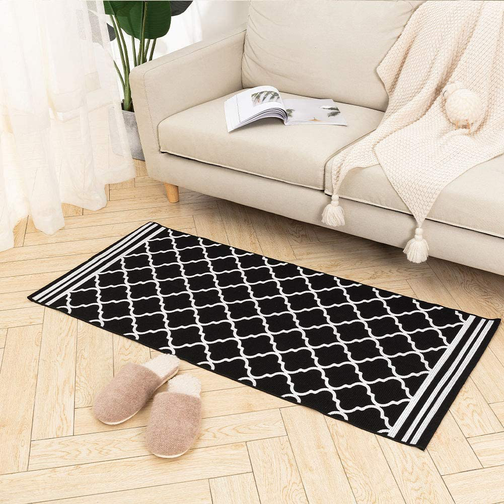 Black Small Moroccan Woven Kitchen Rug 2'x4.3', Printed Diamond Trellis Geometric Pattern Area Rugs for Bathroom Laundry Living Room, Door Mat