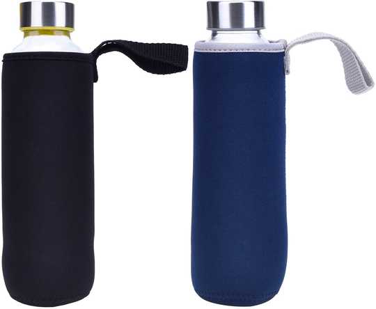 Mudder 2 Pieces Water Bottle Sleeve Neoprene Carrier Nylon Bottle Sleeve for 19.4 oz Glass Water Bottle, 550 ml (Black and Navy Blue)