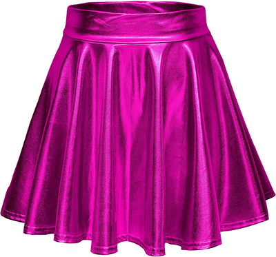 EXCHIC Women's Shiny Metallic Wet Look Stretchy Flared Mini Skater Skirt