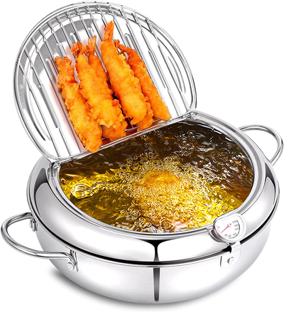 Deep Fryer Pot,304 Stainless Steel with Temperature Control and Lid Japanese Style Tempura Fryer Pan Uncoated Fryer Diameter: 11"