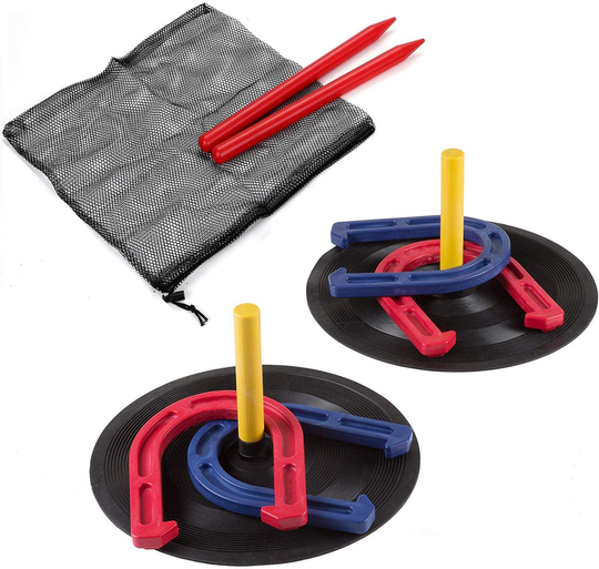 Win SPORTS Outdoor Indoor Rubber Horseshoes Set Includes 4 Horseshoes,2 Pegs,2 Rubber Mats,2 Red Plastic dowels,Beach Games Perfect for Tailgating,Camping,Backyard,Fun for Kids Adults
