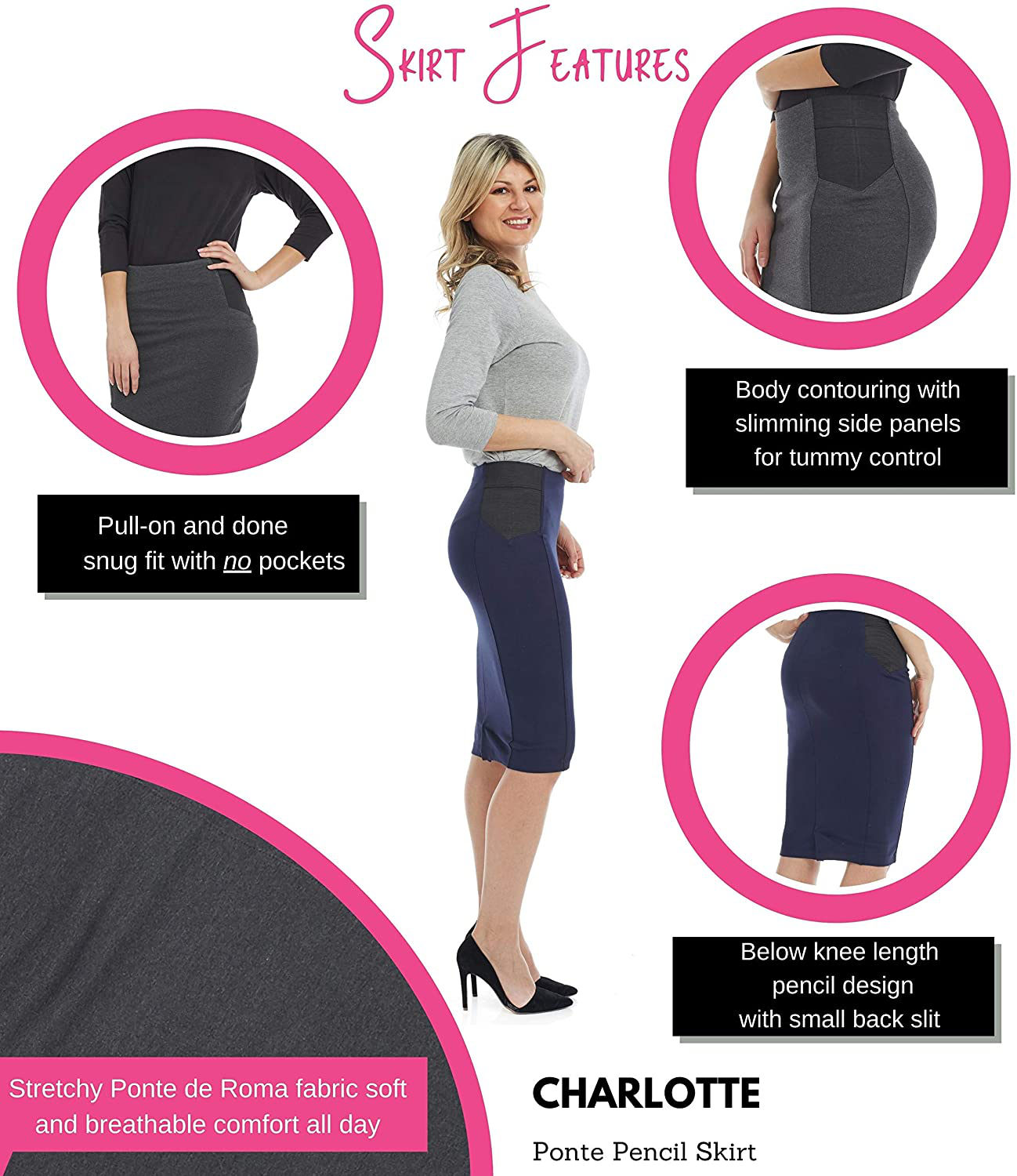 ESTEEZ Women's Ponte Midi Bodycon Pencil Skirt - Modest Below Knee Length - Office - Charlotte