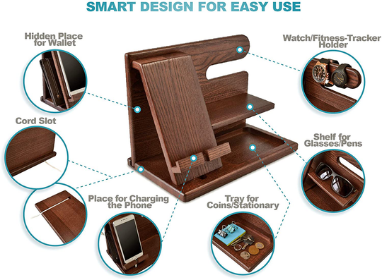 TESLYAR Wood Phone Docking Station Ash Key Holder Wallet Stand Watch Organizer Men Gift Husband Wife Anniversary Dad Birthday Nightstand Purse Father Graduation Male Travel Idea Gadgets (Brown)