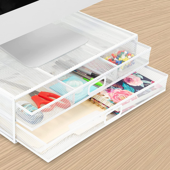 MOUNT-IT! Mesh Computer Monitor Stand Riser [Metal] Desk Organizer with Two Pullout Storage Drawers for Desktop, Laptop, and Printer Accessories and Office Supplies (White)