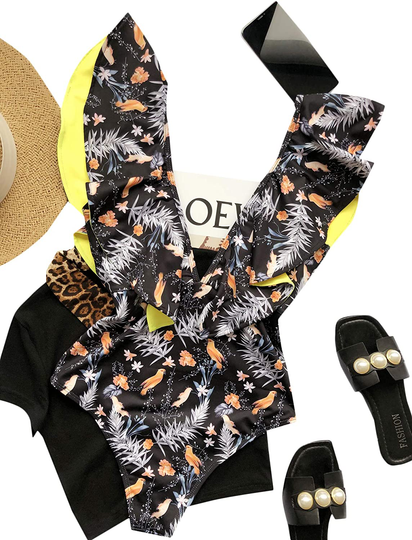 SheIn Women's Floral Plunge Neck One Piece Swimwear Ruffle Monokini Bathing Suit