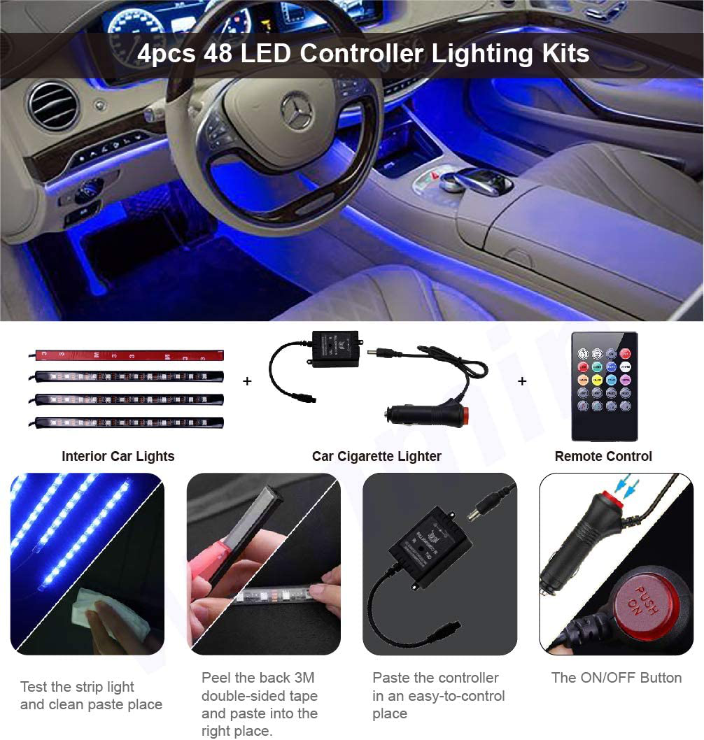 Led Interior Car Lights, Controller Led Lights for Cars, Multicolor Music Underglow Lighting Kits with Wireless Control and Sound Active Function, Car Charger Included, DC 12V