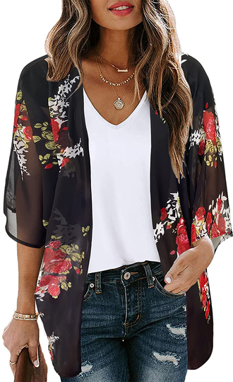 Women's Floral Print Puff Sleeve Kimono Cardigan Loose Cover Up Casual Blouse Tops