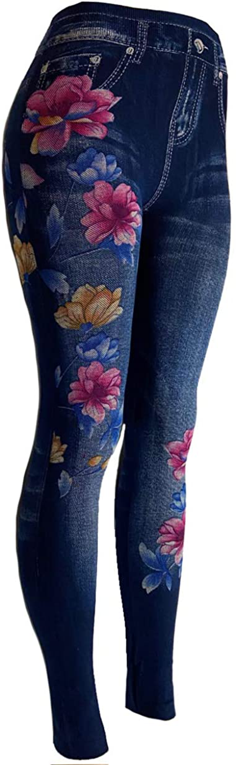 CLOYA Women's Denim Print Seamless Full Leggings for All Seasons - One Size Fits Large & X-Large