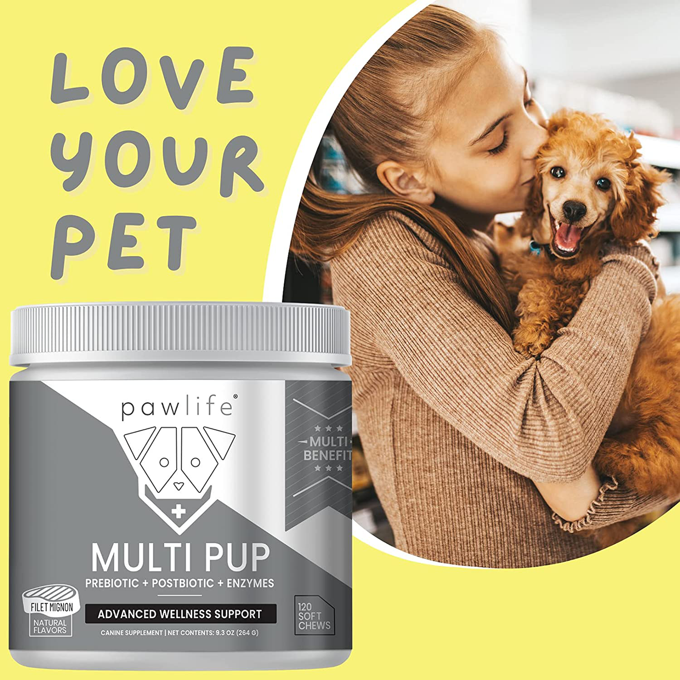 pawlife 5 in 1 Dog Multivitamin (120 Soft Chews) Dog Vitamins Increase Immune System, Mobility & Flexibility - All in One Daily Dog Vitamins & Supplements, Glucosamine, Prebiotic, Postbiotic & Enzymes