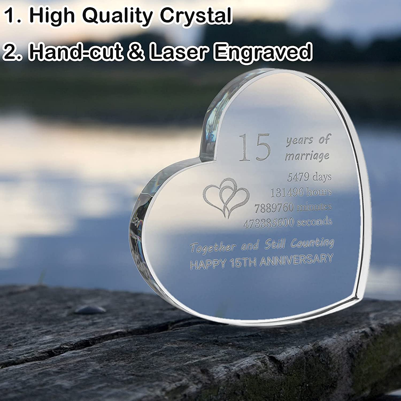 CQNET 15th Wedding Anniversary Crystal Heart Couple Engraved Glass 15 Year Valentine's Day Anniversary Birthday Gift for Him or Her (15th)