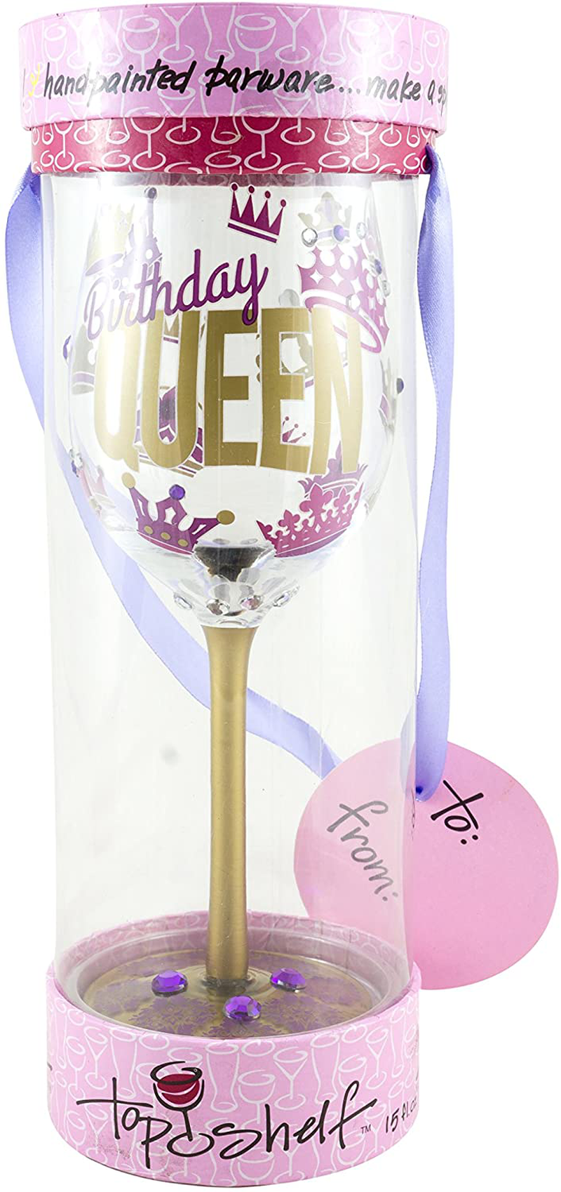 Top Shelf “Birthday Queen” Decorative Wine Glass ; Funny Gifts for Women ; Hand Painted Purple and Gold Design ; Unique Red or White Wine Glasses