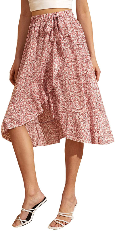 SheIn Women's Boho Ditsy Floral Knot High Waisted Wrap Split Midi Skirt