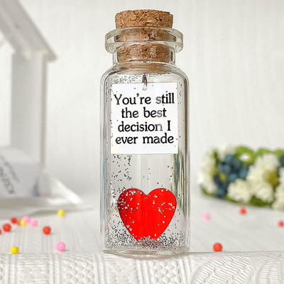 Heart and Message in a Bottle Love Present, Romantic Decoration for Boyfriend or Girlfriend, Anniversary Wish Jar with Card (Red Heart in a Bottle, You're Still the Best Decision I Ever Made)