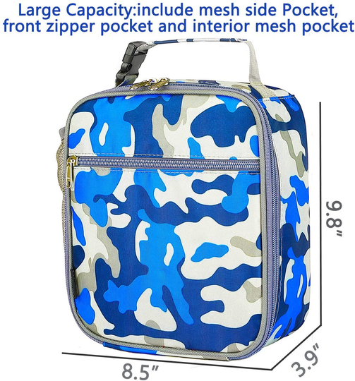 FlowFly Kids Lunch box Insulated Soft Bag Mini Cooler Back to School Thermal Meal Tote Kit for Girls, Boys, Blue Camo