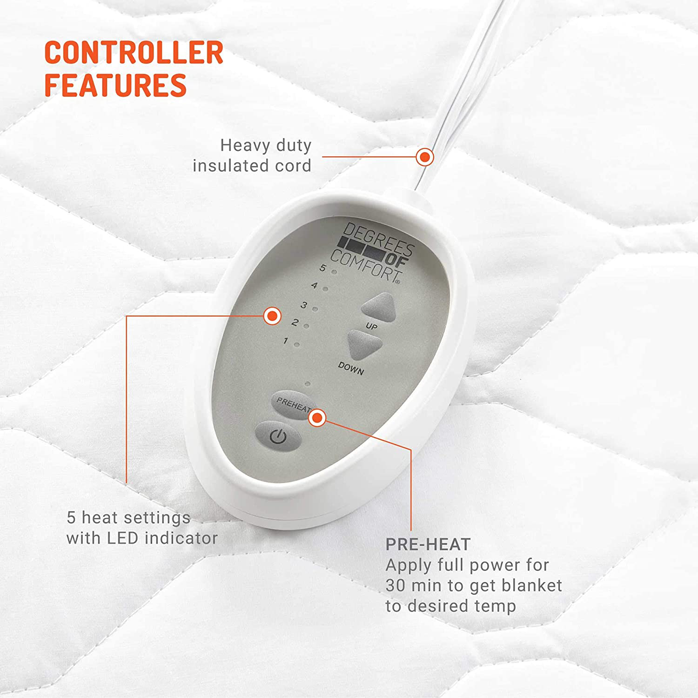 Degrees Of Comfort Dual Control Heated Mattress Pad King Size | Electric Bed Warmer W/ Adjustable Zone Heating | Fit Up to 15 Inch | 12.5ft Long Cord - 78x80 Inch, White