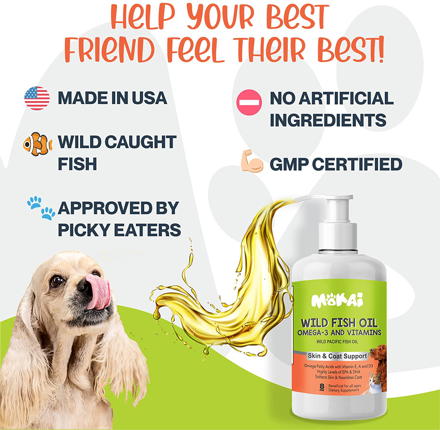 MOKAI Omega 3 Fish Oil for Dogs and Cats | Dog Fish Oil Omega 3 Fatty Acid Supplements with EPA + DHA and Vitamin E A and D3 for Dog Shedding, Itch Relief for Dogs, and Dog Allergy Relief