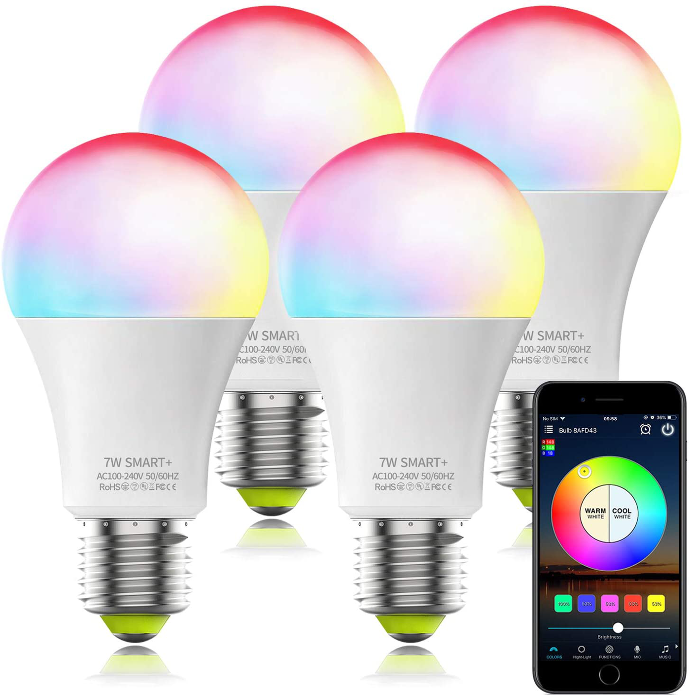 WiFi Smart Light Bulb, A19 E26 60W Equivalent Tunable White Color Changing Smart LED Light Bulb, UL Certified, Works with Alexa Google Home, No Hub Required