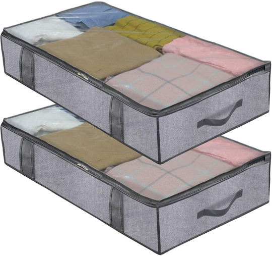 Onlyeasy Underbed Fabric Storage Bags Organizer with 4 Handles, 2 Zippers and Large Clear Window, for Clothes, Blankets, Bedding, Foldable with Sturdy Structure, 2 Pack, Linen-like Black, MXAUBBSS2P