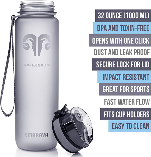 Embrava Best Sports Water Bottle - 32oz Large - Fast Flow, Flip Top Leak Proof Lid w/ One Click Open - Non-Toxic BPA Free & Eco-Friendly Tritan Co-Polyester Plastic