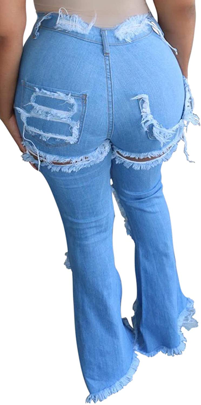 Bell Bottom Jeans for Women Elastic Skinny Ripped Hole Classic Denim Pants