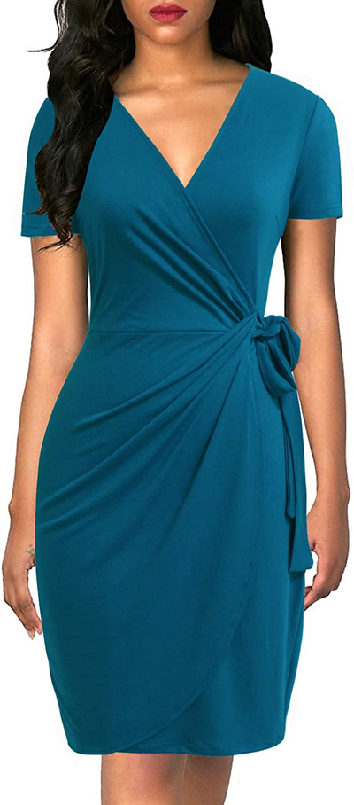Lyrur Women's Classic V-Neck Casual Party Knee Length Sheath Work Short Sleeve Faux Black Wrap Dress