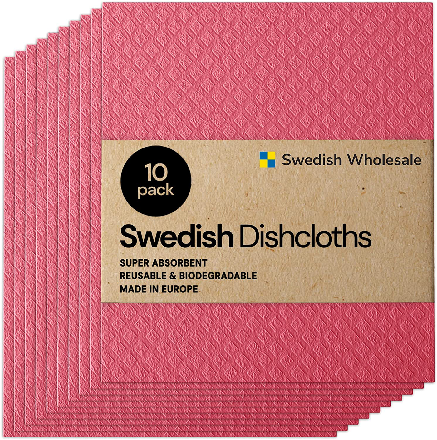 Swedish Wholesale Swedish Dish Cloths - Pack of 10, Reusable, Absorbent Hand Towels for Kitchen, Bathroom and Cleaning Counters - Cellulose Sponge Cloth - Red