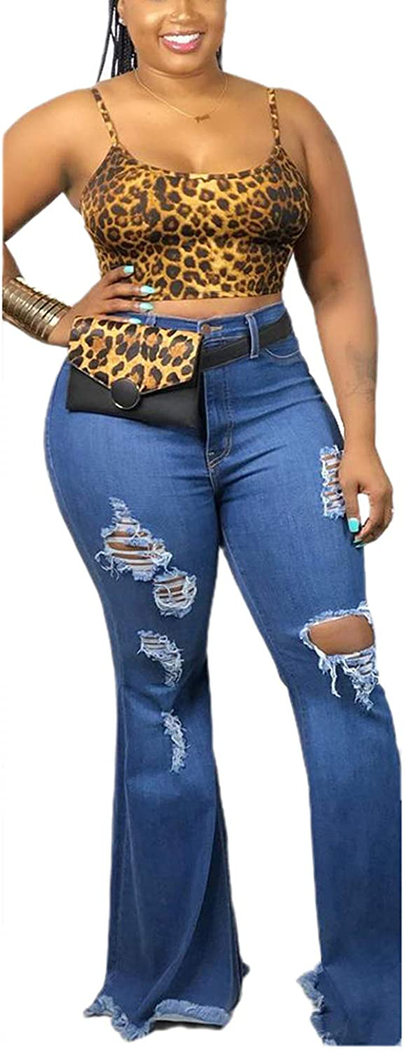 Women's Plus Size Bell Bottom Jeans Elastic Ripped Hole Classic Denim Flare Pants 5XL