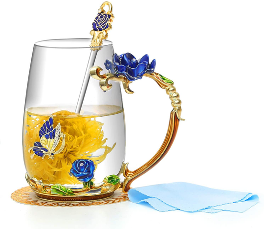 Luka Tech Enamels Butterfly flower Lead-free Glass Coffee Mugs Tea Cup with Steel Spoon, personalised Gifts For Women Wife Mom Friends Birthday Mothers Valentines Day Wedding (Blue-Tall)