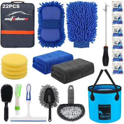 AUTODECO 22Pcs Car Wash Cleaning Tools Kit Car Detailing Set with Blue Canvas Bag Collapsible Bucket Wash Mitt Sponge Towels Tire Brush Window Scraper Duster Complete Interior Car Care Kit