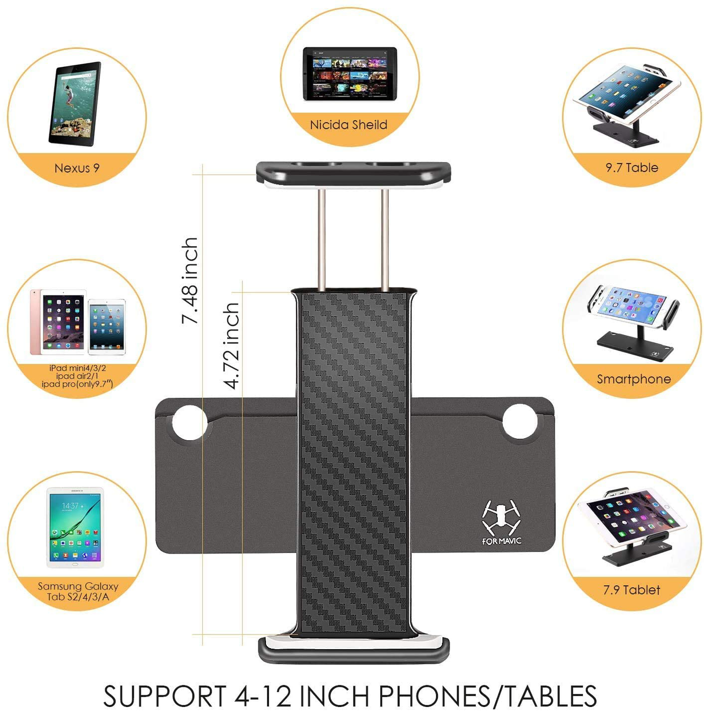 UZOPI Mavic Mini Air Pro Platinum Spark Accessories Tablet Holder – Aluminum Adjustable Remote Controller Bracket Mount Extender with Neck Lanyard Strap for 4-12 Inch Phone Tablets