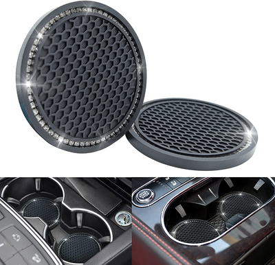 POJORY Bling Car Coasters Universal Auto Anti Slip Crystal Rhinestone Coasters for Cup Holder 2.75” Car Interior Accessories for Women 2 Pack Black