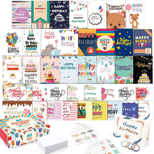 80 Pack Assorted Birthday Cards with 80 Blank Envelopes, 84 Stickers & 3 Washi Tape Rolls