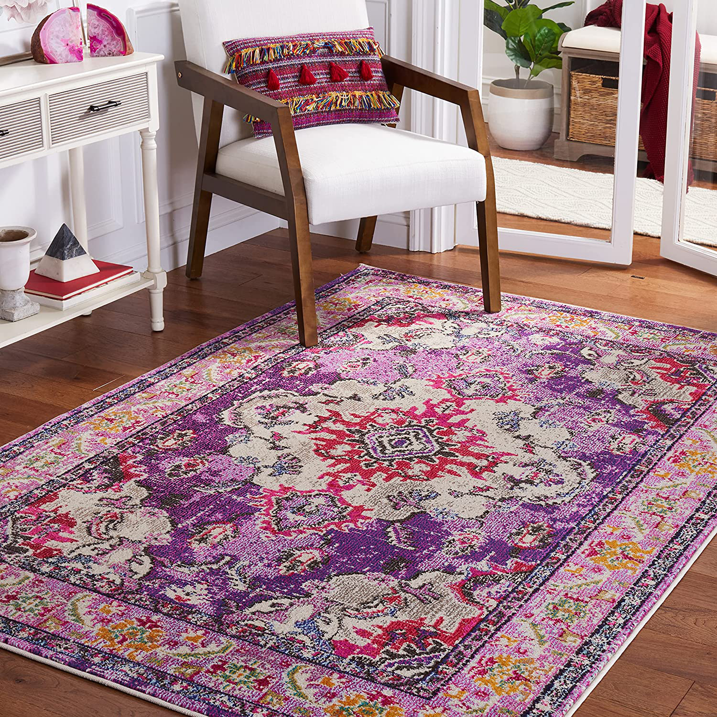 Safavieh Monaco Collection MNC243P Boho Chic Medallion Distressed Non-Shedding Stain Resistant Living Room Bedroom Area Rug, 3' x 5', Violet / Fuchsia