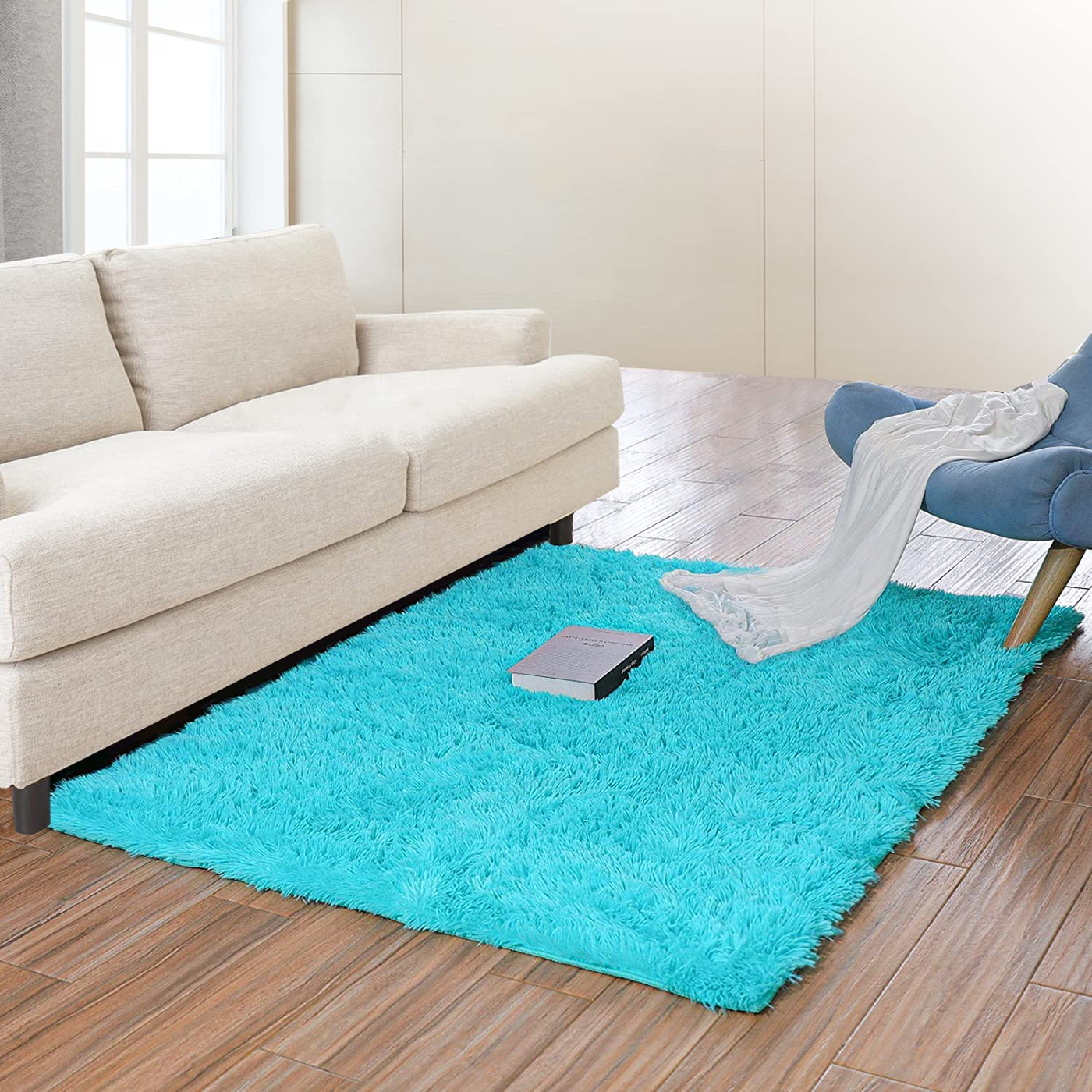 WETOWE Super Soft Fluffy Shag Area Rugs for Living Room, 4x5.3 Feet, Blue Shaggy Floor Carpet for Bedroom, Modern Indoor Fuzzy Plush Area Rugs for Girls Boys Nursery Room Dorm Decor