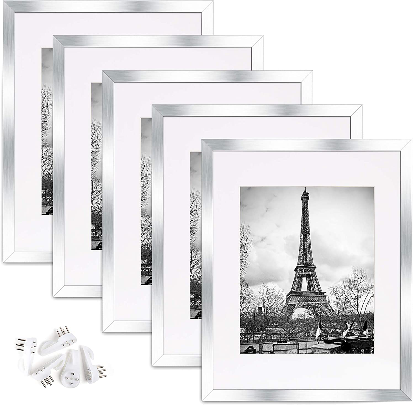 upsimples 11x14 Picture Frame Set of 5,Display Pictures 8x10 with Mat or 11x14 Without Mat,Wall Gallery Photo Frames,Silver