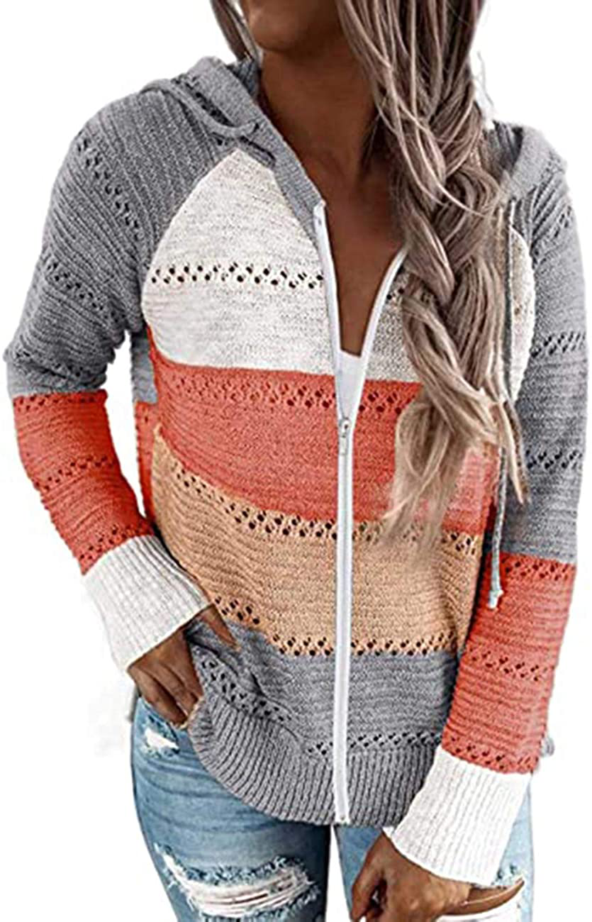 MAYFASEY Women's Color Block Striped Hoodies Sweater Long Sleeve Casual Loose Knitted Pullover Sweatshirt Tops