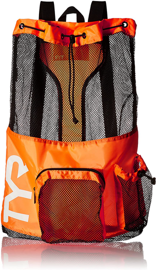 TYR Big Mesh Mummy Backpack For Wet Swimming, Gym, and Workout Gear , Orange