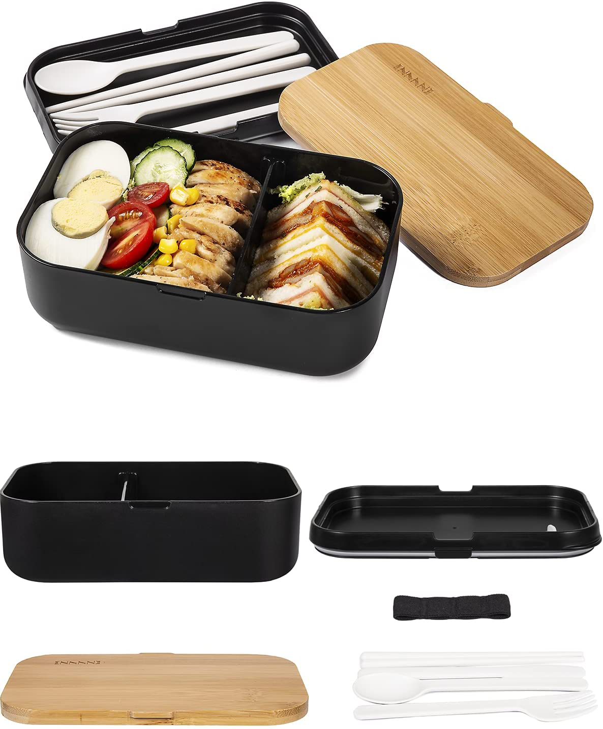 INVVNI Japanese Bento Box Adult Lunch Bamboo Containers for Kids Black (Large 68 Oz Capacity)- Microwave safe, Bpa free, Leakproof, Men Women