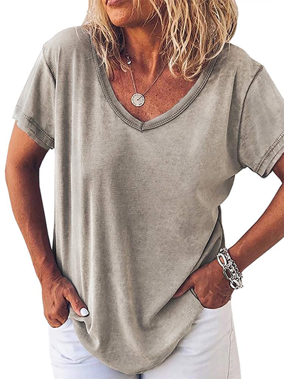 Fessceruna Womens Short Sleeve V Neck T Shirt Summer Casual Loose Solid Basic Tunic Tee Top Blouse