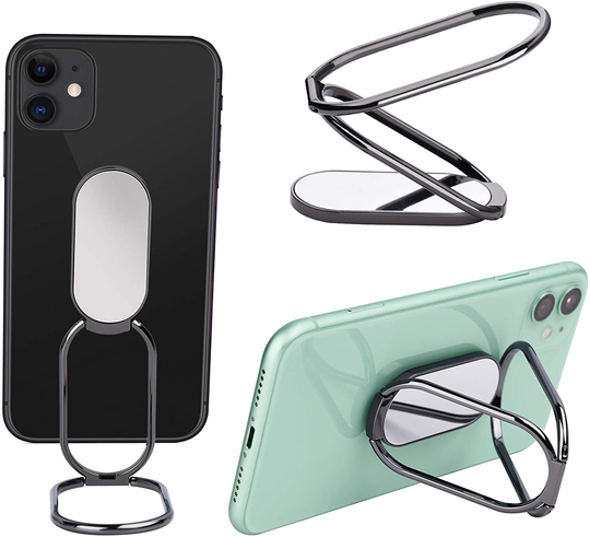 Attom Tech Phone Ring Holder Double-Folded Magnetic Car Mount, 360° Rotation Zinc Alloy Metal Universal Finger Buckle Grip Kickstand Ultra-Thin Vehicle Bracket Cell Phones Smartphones Tablets (Black)