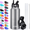 Glink Stainless Steel Water Bottle with Straw, 32oz Wide Mouth Double Wall Vacuum Insulated Water Bottle Leakproof, Straw Lid and Spout Lid with New Rotating Rubber Handle Silver