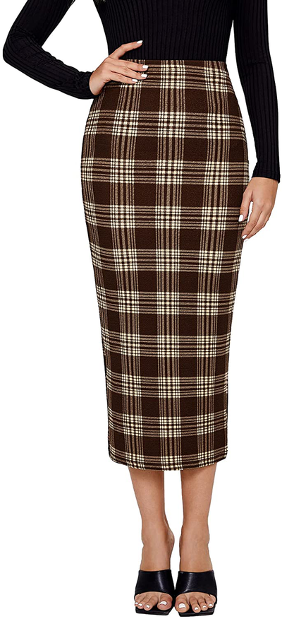 Verdusa Women's Elegant Plaid Elastic Waist Bodycon Midi Skirt