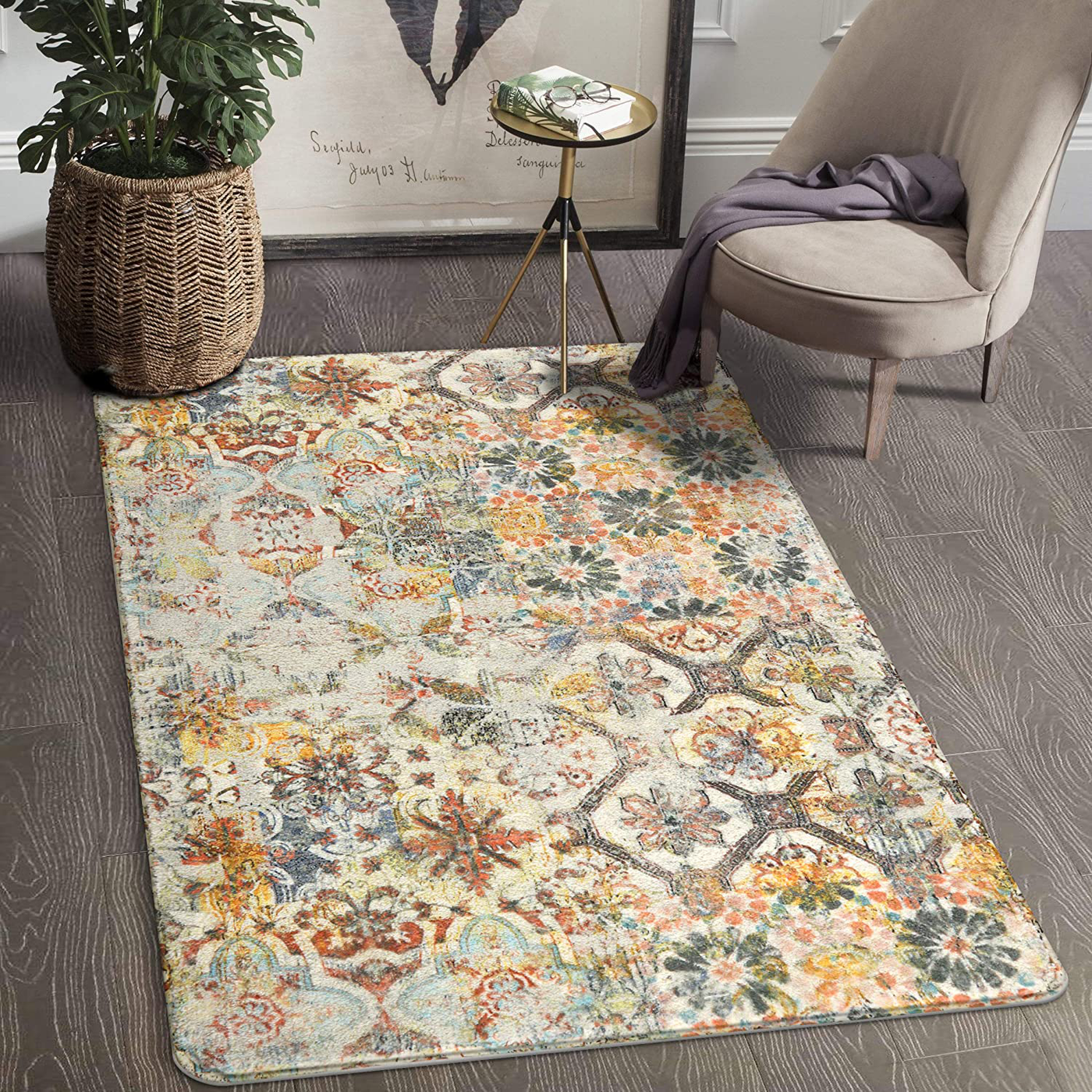Lahome Floral Medallion Collection Area Rug - 4’ X 6’ Non-Slip Distressed Bohemian Vintage Traditional Area Rug Accent Throw Rugs Floor Carpet for Living Room Bedrooms Decor (4' x 6', Multicolor)