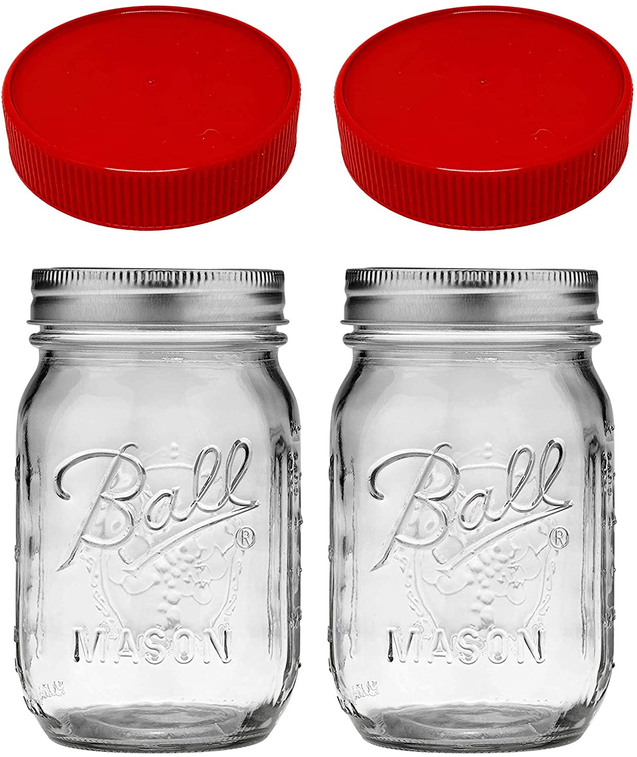 Mason Jars 16 oz with Plastic Mason Jar Lids (BPA Free) Pint Mason Jars Regular Mouth (set of 2 - Red) by Jarming Collections